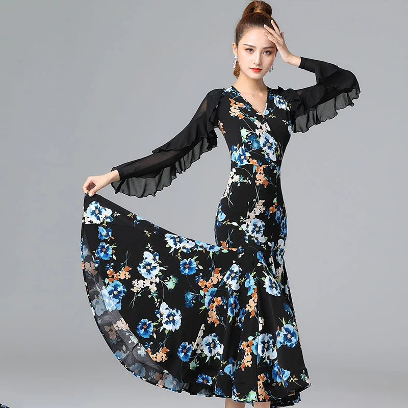 

2021 Fashion Ballroom Dance Dress New Long Sleeve Modern Dance Performance Costumes Latin Tango Waltz Competition Dance Dress