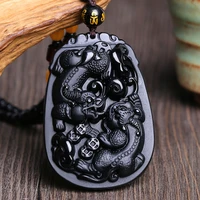 mens necklace pendant black obsidian carved pixiu with coin pendant gift for mens lucky peaceful safety fine jewerly