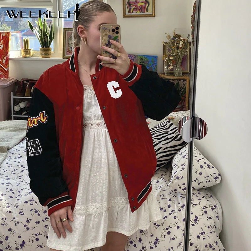 

Weekeek Letter Embroidery Jacket Women Casual Long Sleeve Patchwork Autumn Sport Top Harajuku Button Up Tracksuit Y2k Streetwear
