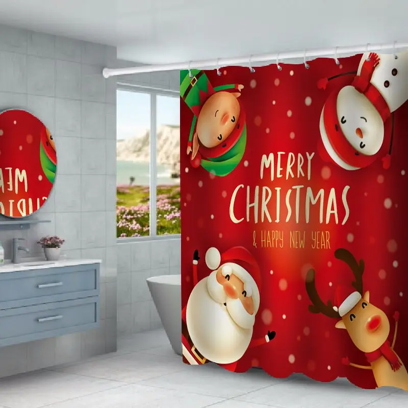 

3D Digital Printing Home Happy Shower Set Bathroom Shower Curtain Bathroom Floor Mat Base Mat Toilet Mat Combination Set Santa