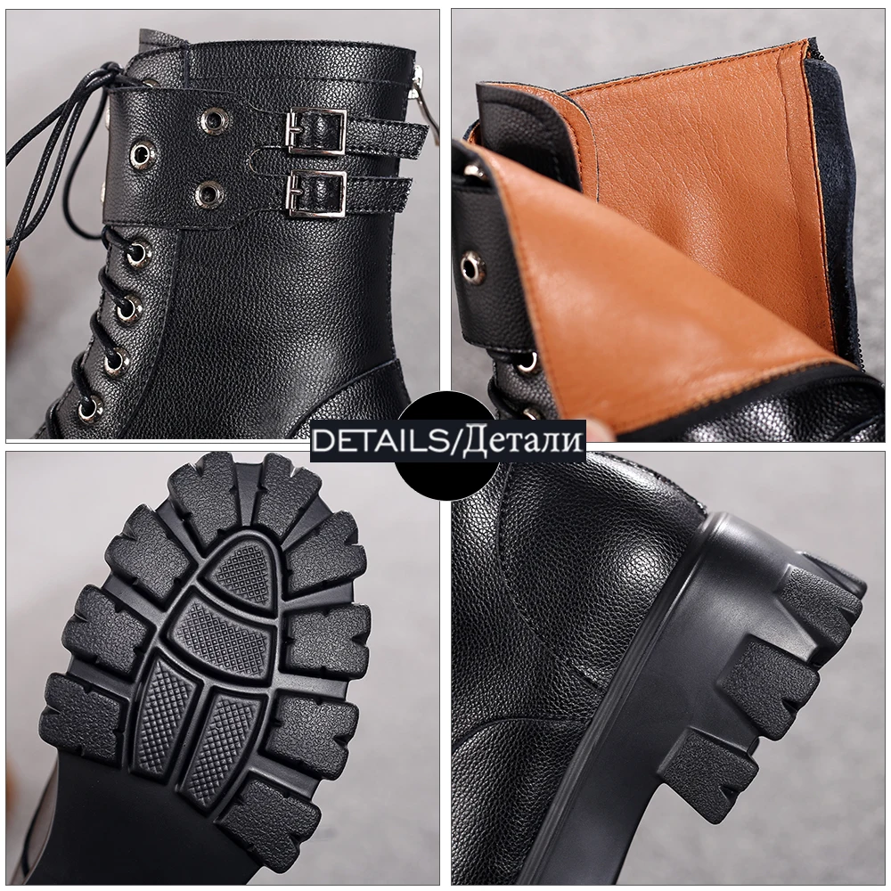 

WETKISS Genuine Leather Ankle Boots Woman Motorcycle Booties Wedges Shoes Cross Tied Metal Platform Boot Women Thick Sole 2021