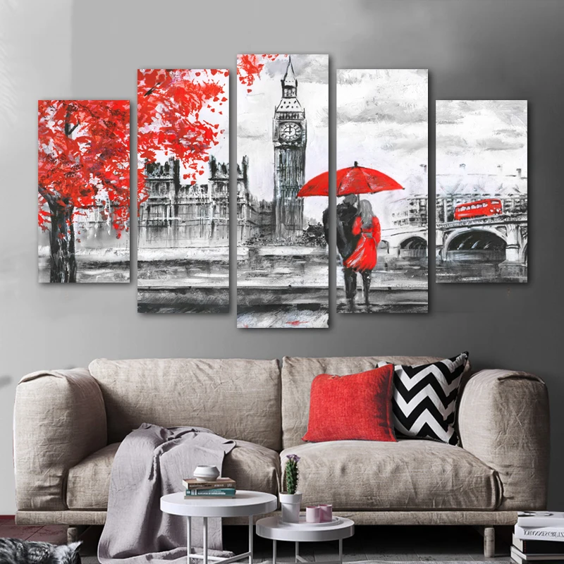 5 панелей холст живопись пейзаж принты красные лондонские часы Современный