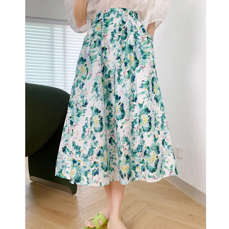 

2021 Summer Floral Print Skirt Women Oil Painting High Waist Mid-Calf A-line Skirt 1132-1