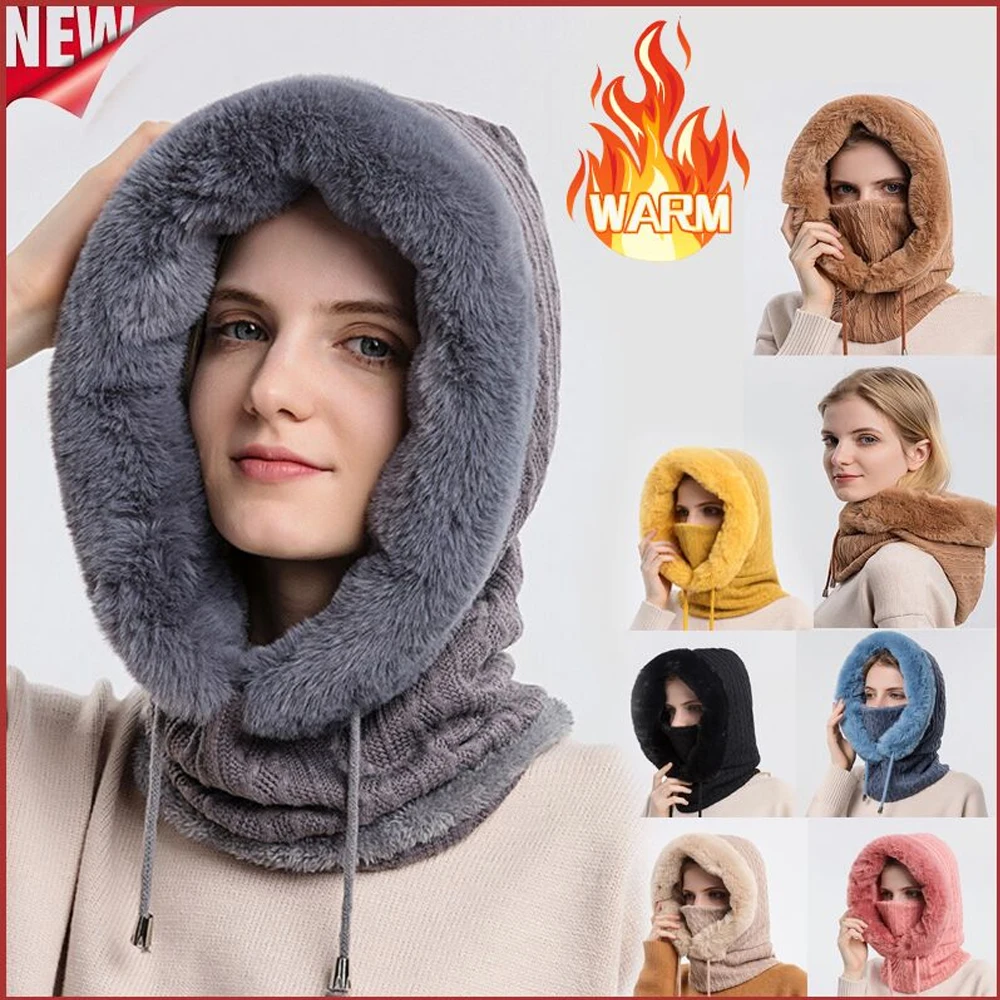 

Russian Style Winter Fur Cap Mask Set Hooded for Women Knitted Cashmere Neck Warm Ski Windproof Thicken Plush Fluffy Beanies Hat