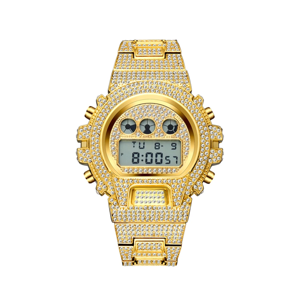 New Multi-function G Style Shock Digital Mens Watch Luxury Diamond LED 18K Gold Plated Hip Hop Male Stainless Steel Watches