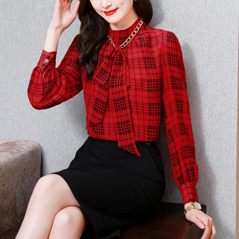

Women's Plaid Printed OL Blouses 2021 Spring Plus Size Chain Slim Blusas Elegant Casual Vintage Harajuku Tops Sexy Tees 9228