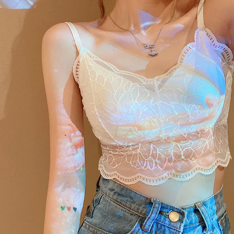 

White Camisole women's Summer in the Net Celebrity Hot Style Beautiful Back Tube Top French Lace Short are Worn Outside the
