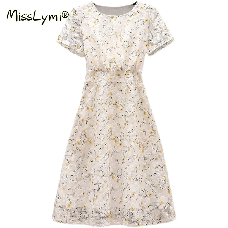 

5XL Plus Size Women French Elegant White Lace Dress Summer 2021 Fashion Short Sleeve Yellow Floral Ladies A-Line Midi Dresses