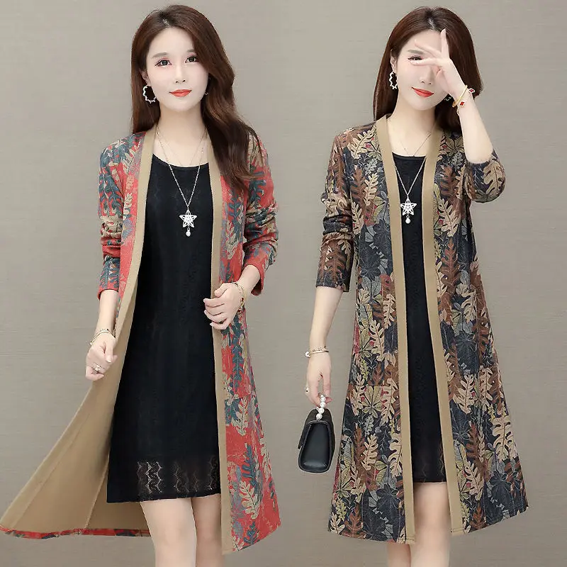 

Windbreaker Female 2021 New Spring Autumn Coat Mid-length Casual Loose print Trench Coat Women Cardigan Shawl Coat Tops Ladies