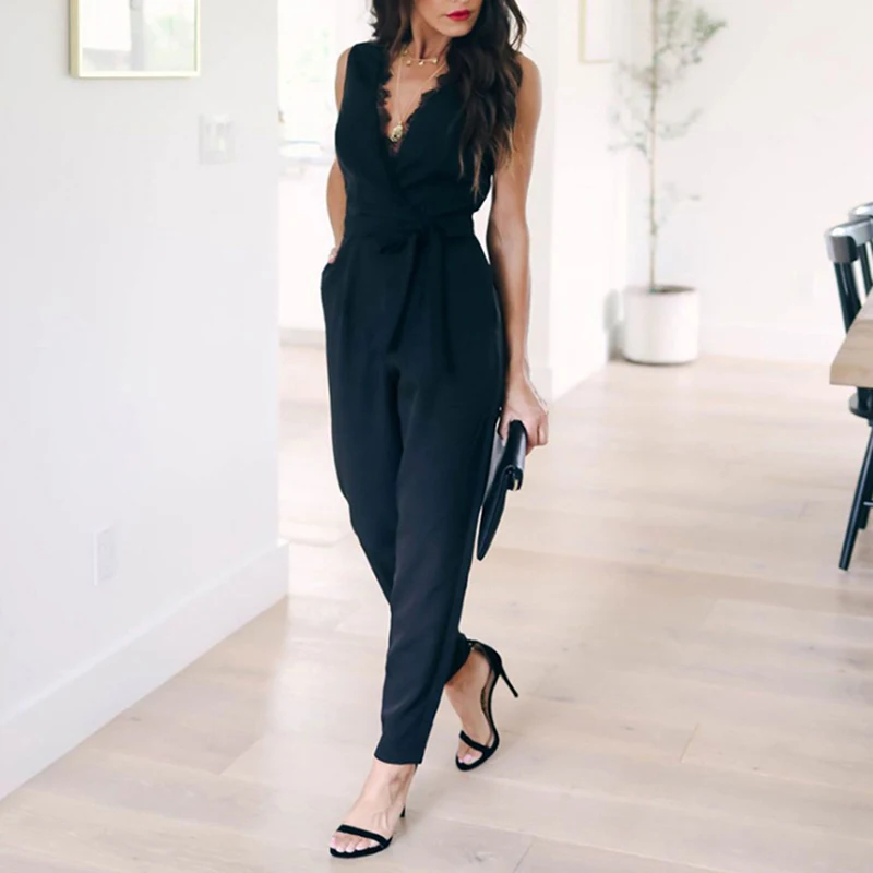 

Lace Women Jumpsuit With Belt Sleeveless Summer New Casual V-neck Solid Women Black Jumpsuits Fashion Female Pants