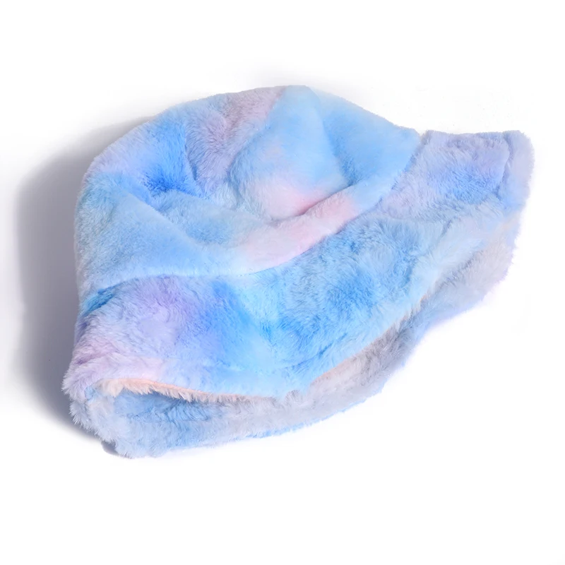 

New Pink Faux Fur Bucket Hat For Women Girl Rainbow Tie Dye Soft Warm Fishing Cap Fisherman Winter Lady Gifts