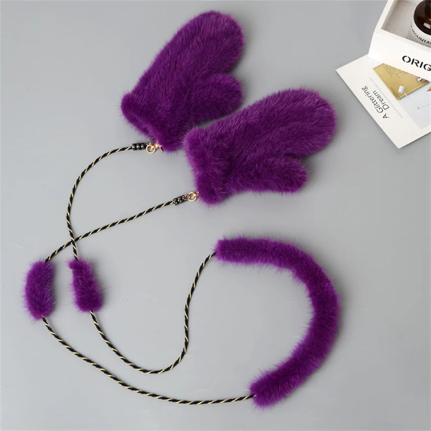 

Korean Mink Fur Knitted Mittens Women'S Autumn And Winter Warm Fur All Finger Hanging Rope Gloves