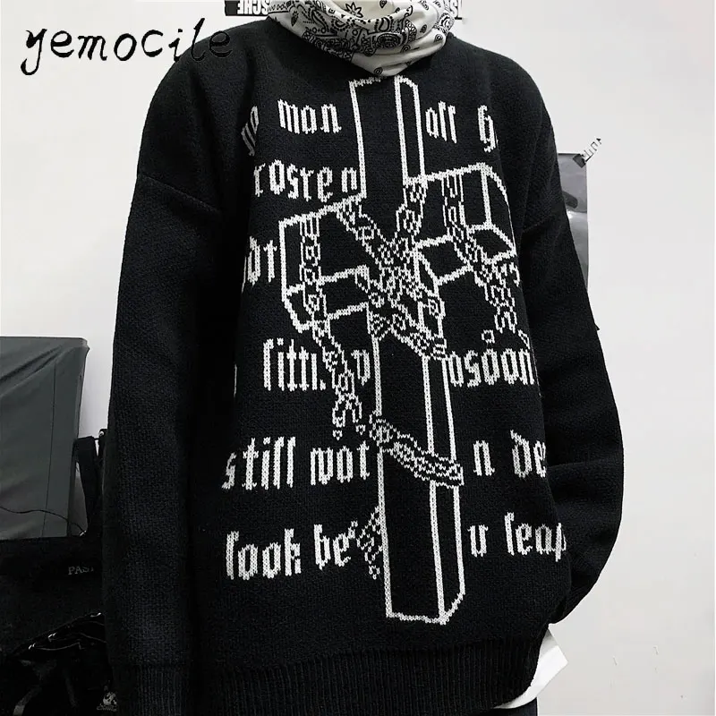 

Vintage Cross Sweater Ins Harajuku Letter Sweater Loose Round Neck Long Sleeve Thick Sweater Cotton Autumn Sweater Women