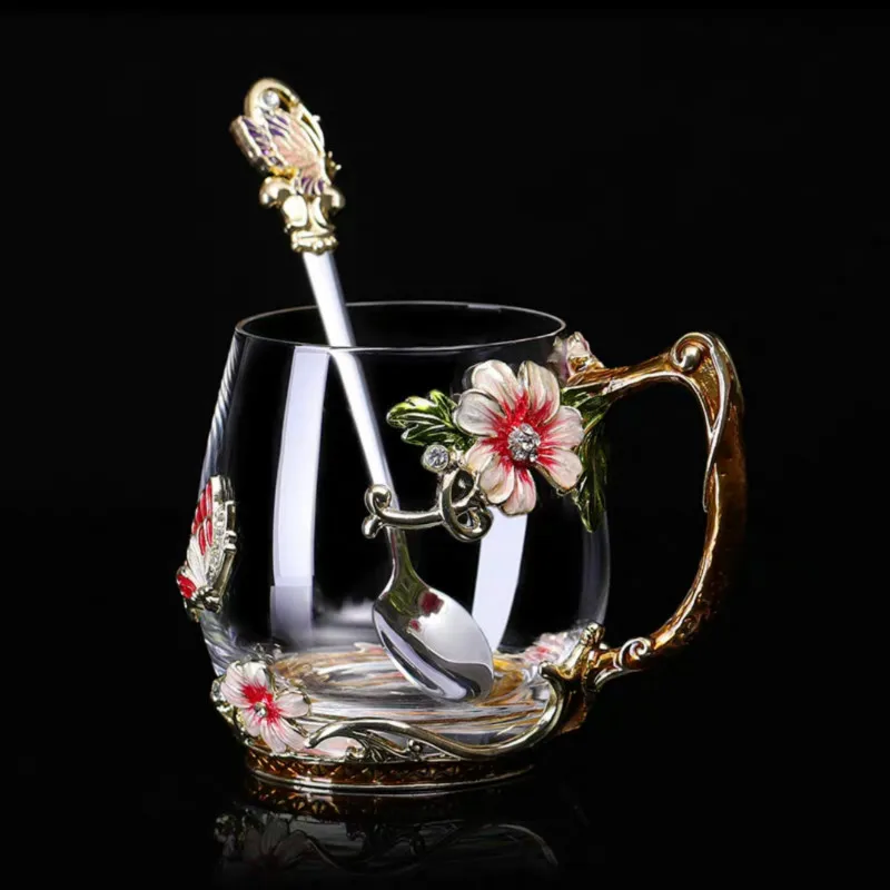 1 cup 1 spoon Red S Красота и Новинка эмалированная кофейная чашка кружка цветочный чай стеклянные чашки для горячих и холодных напитков чайная чашка ложка Набор идеальный свадебный подарок - Цвет: 1 cup 1 spoon Red S