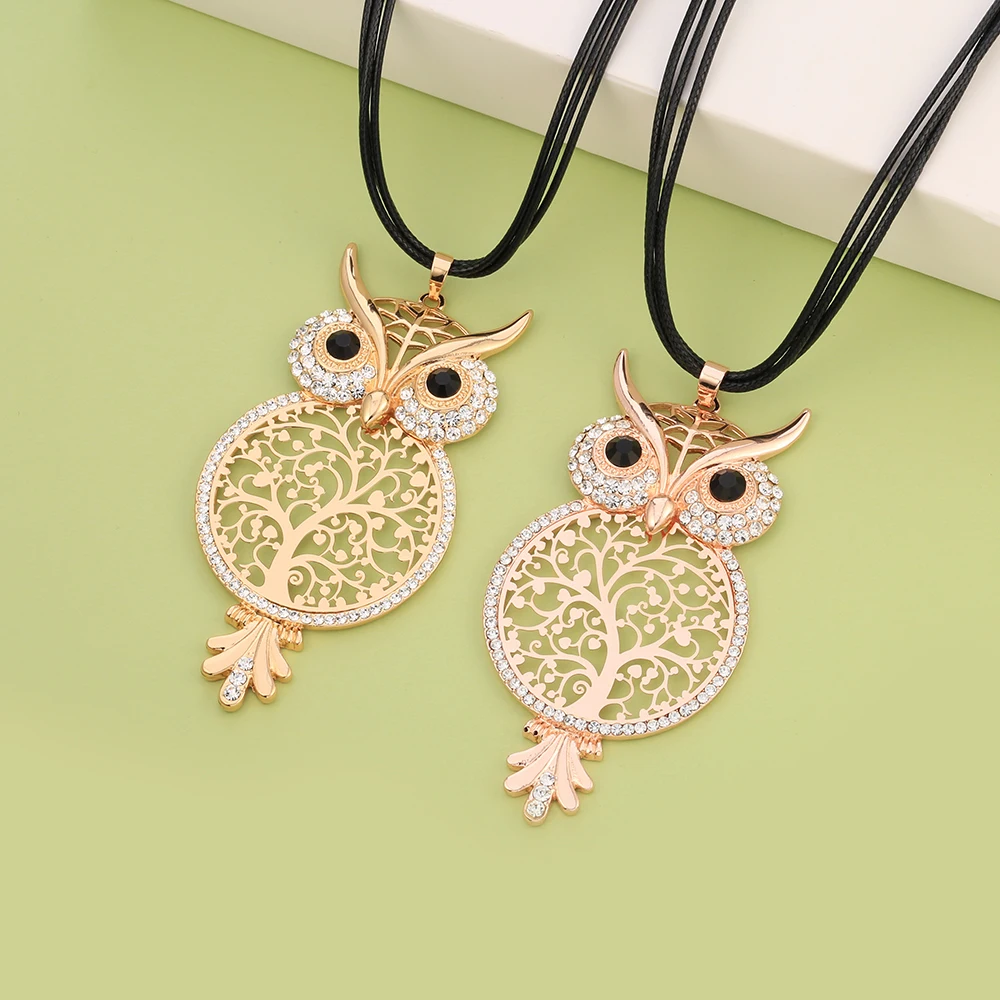 Big Owl Long Necklace Women Crystal Bijoux Tree Of Life Gold Color Leather Chain Necklaces Pendants Fashion Jewelry |