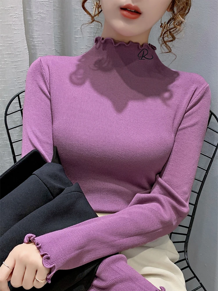 

Fall Winter Korean Clothes Knitted Sweater Chic Solid Ruffles Letter Tops Ropa Mujer Bottoming Shirt All Match 2020 T00609A
