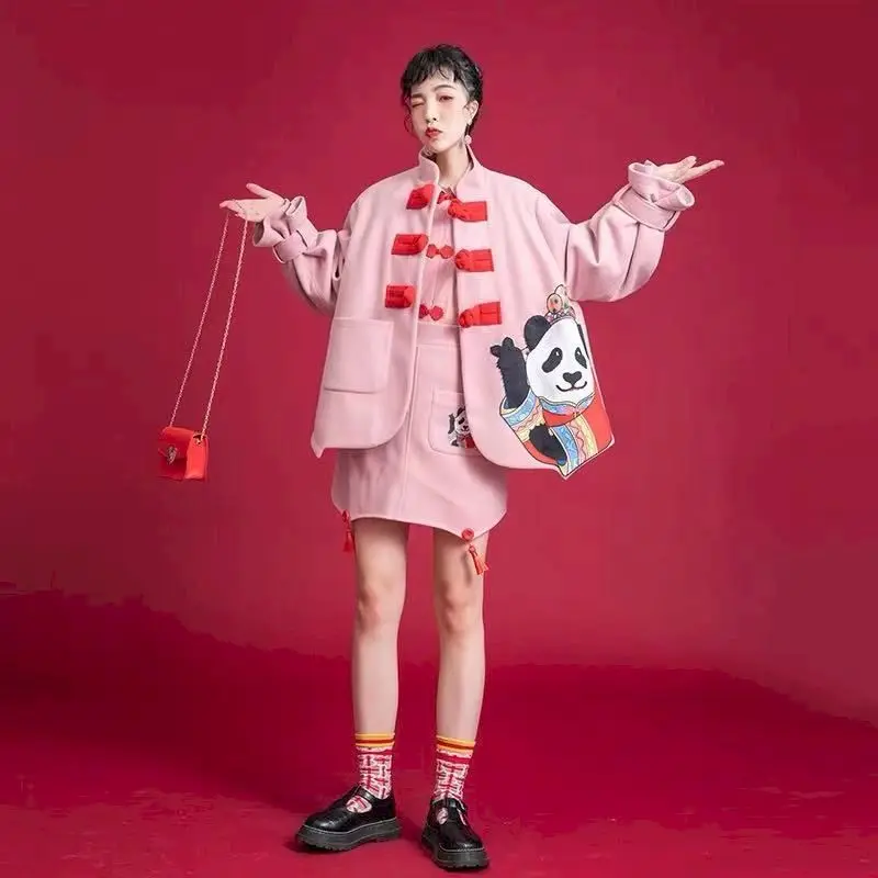 

Panda Woolen Skirts Suits Women Student Cute Spring Autumn Casual Stand-up Collar Buckle Woolen Coat Skirt Fashion 2 Piece Set