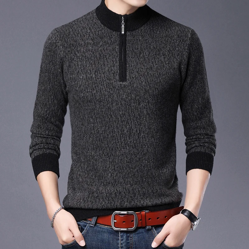 High Quality Winter Pure 100% Soft Wool Sweater Fashion Design Zipper Jumper Male  Warm Thick Sweaters Pullover
