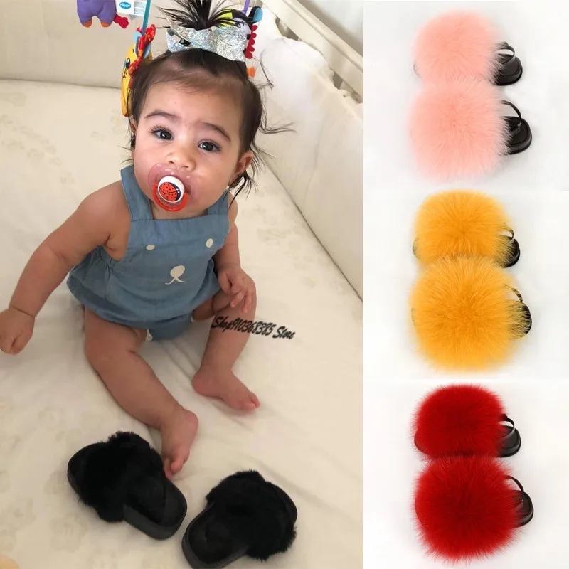 Girl's Fluffy Furry Sandals Baby Plush Fox Fur Slippers Kids Toddler Flat Shoes Children's Colorful Heel Strap Casual Slides New