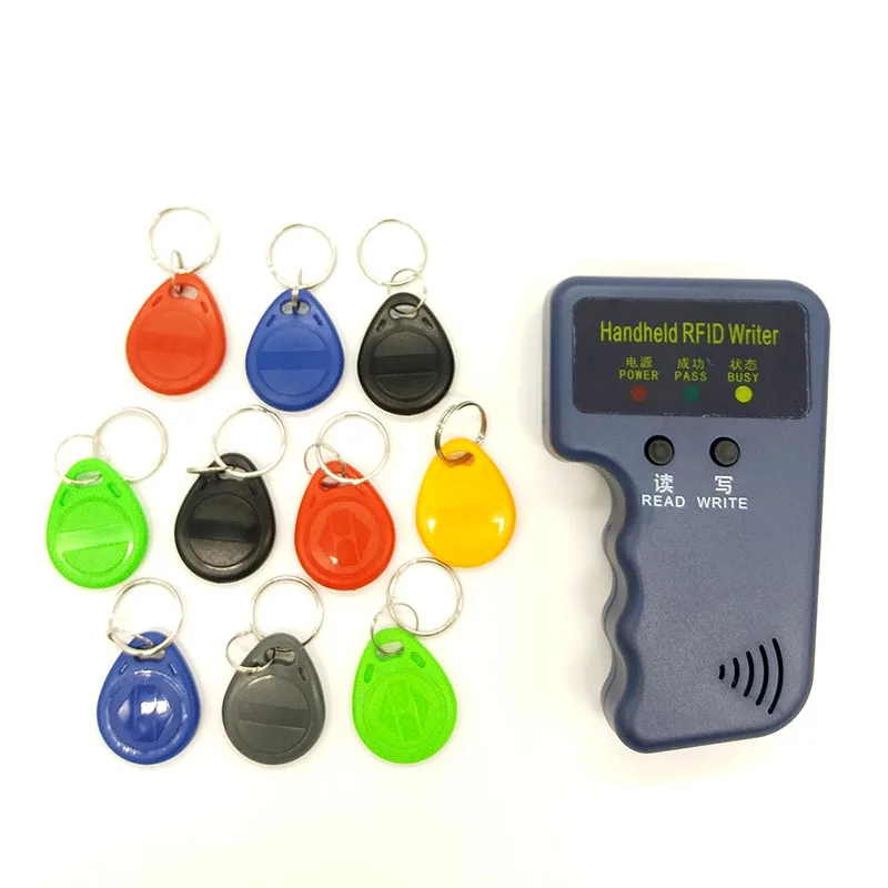 

Handheld 125KHz RFID Duplicator Copier Writer Programmer Reader + EM4305 T5577 10 Keys 10 Cards Rewritable ID Keyfobs Tags Card