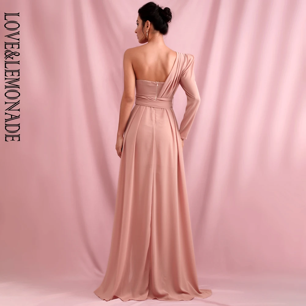 

LOVE & LEMONADE Sexy Off-The-Shoulder Pink Chiffon Whit Split Single Sleeve A-Shape Beach Maxi Dress LM82235