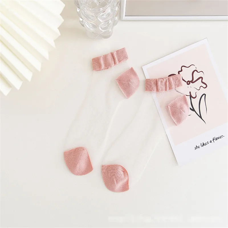 

5 Pair New Fashion Breathable Ultra Thin Socks Summer For Women Transparent Lace Silk Crystal Girls Female Elastic Short Socks