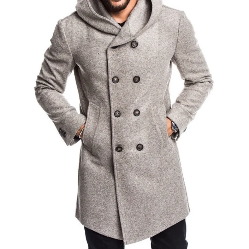 

Men Long Hooded Woolen Coat Blend Autumn Winter Men's Hooded Wool Coats Trench Solid Color Full Sleeve Fashion Casual
