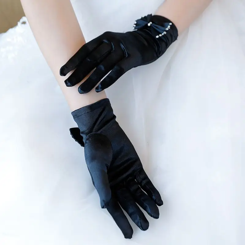 

Women Satin Short Wedding Gloves Rhinestone Jewelry Bowknot 1920s Flapper Opera Party Bridal Full Finger Mittens