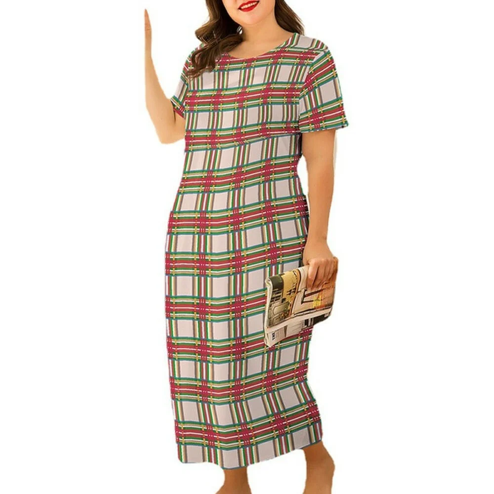 

Women's Short Sleeve Plaid Long Dress Summer Casual Holiday Dresses Plus Size