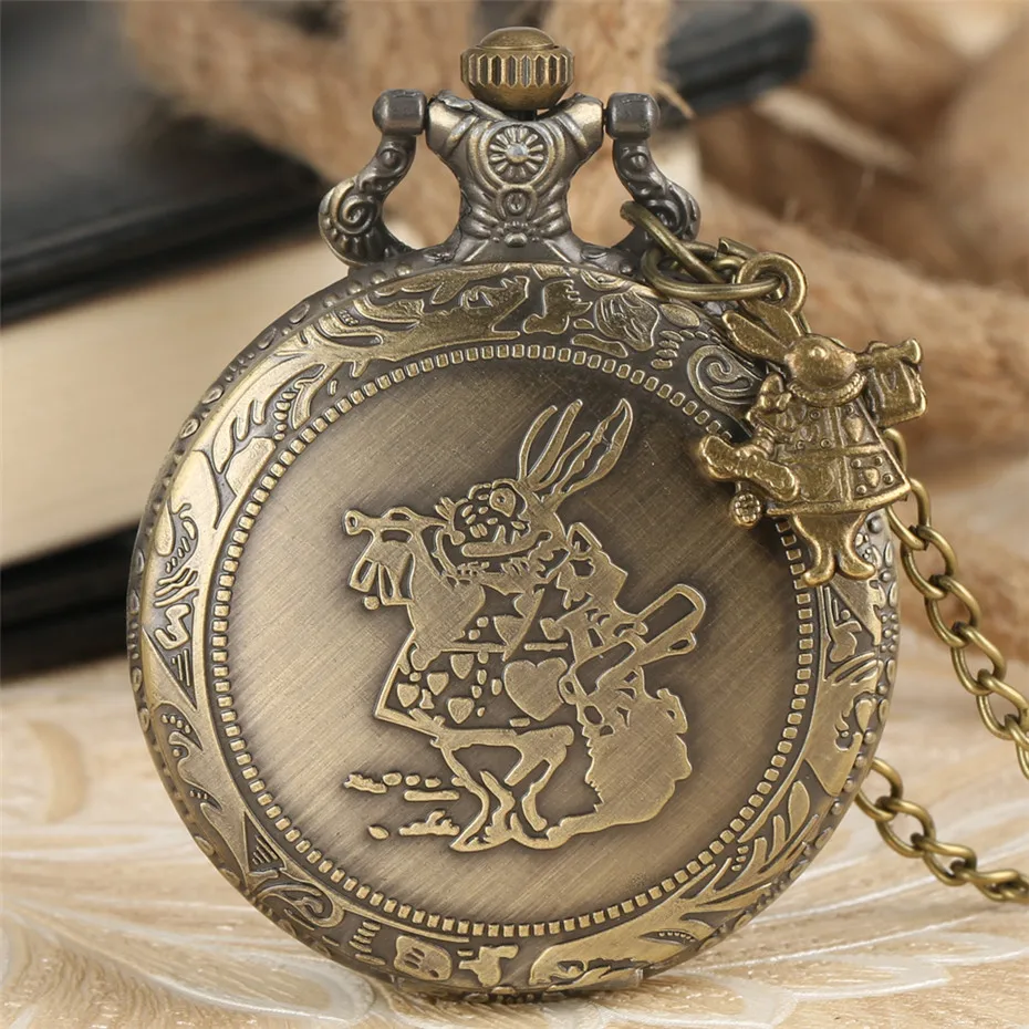 

Aliece In Wonderland Mr. Rabbit Design Necklace Fob Clock Quartz Pocket Watches Gifts for Kids Boys Girls Men Women