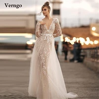 verngo modern lace floral tulle wedding dresses sheer long sleeves 3d flowers floor length bridal dress 2022 new design vestido