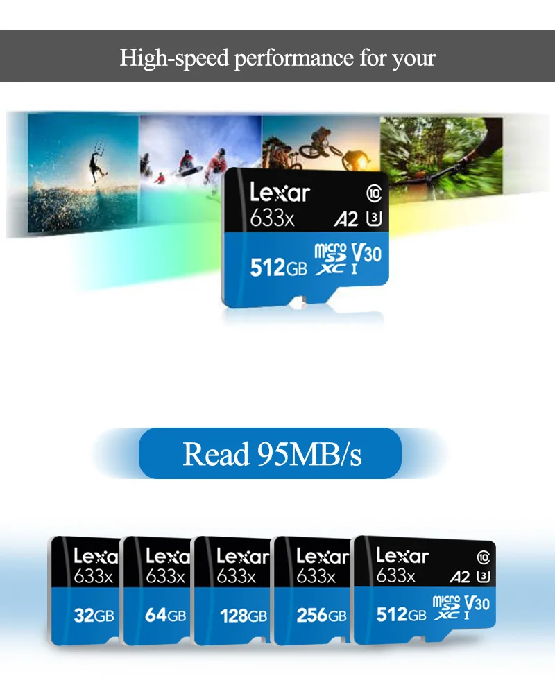 Lexar карта памяти 128 Гб 64 Гб оперативной памяти, 32 Гб встроенной памяти Micro SD карты 256 ГБ SDHC/SDXC 512GB карты памяти 95 МБ/с. флеш-карта для смартфона Gopro