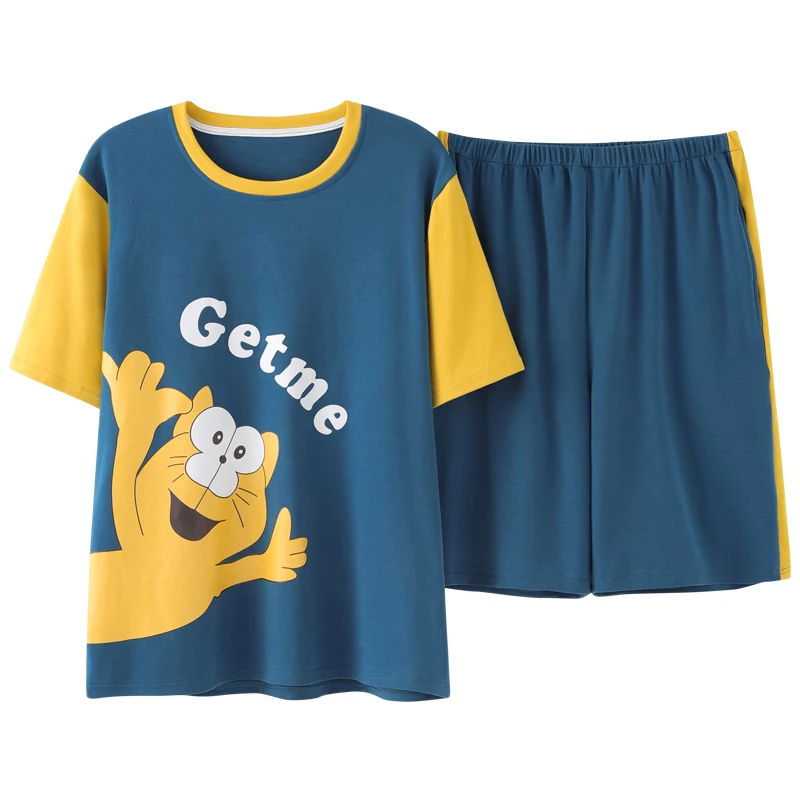 

Spliced Short Sleeves Cat Cartoon Pajamas Set Summer Cotton Men's Soft Comfortable Indoor Clothing Plus Size Trend Boy Homewear