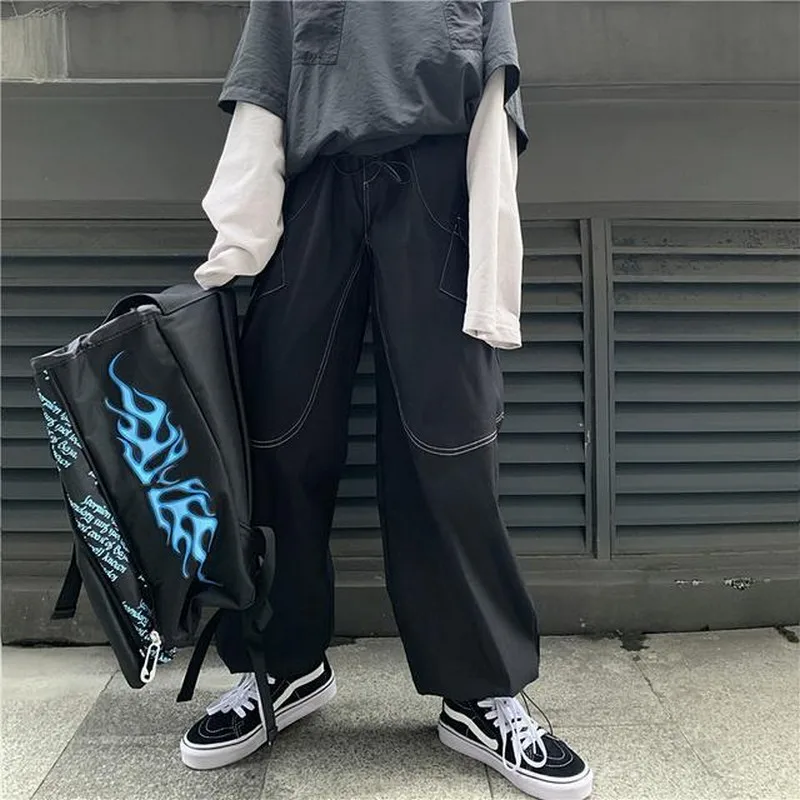 

Women unisex Strigh High Oversize Streetwear Cargo Denim Contrast Pocket Harajuku Hip Hop Wide Loose Jogger Trouser Harem Korean