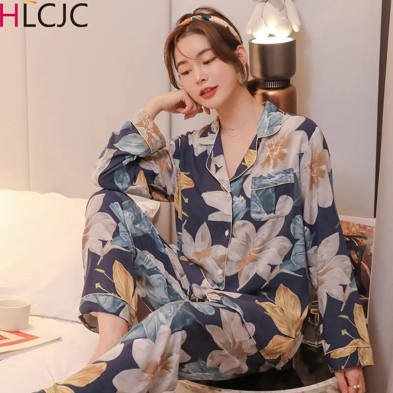 

Новинка 2021, женская пижама из 100% вискозы, Повседневная Пижама с отложным воротником и длинным рукавом, летняя женская пижама с винтажным при...