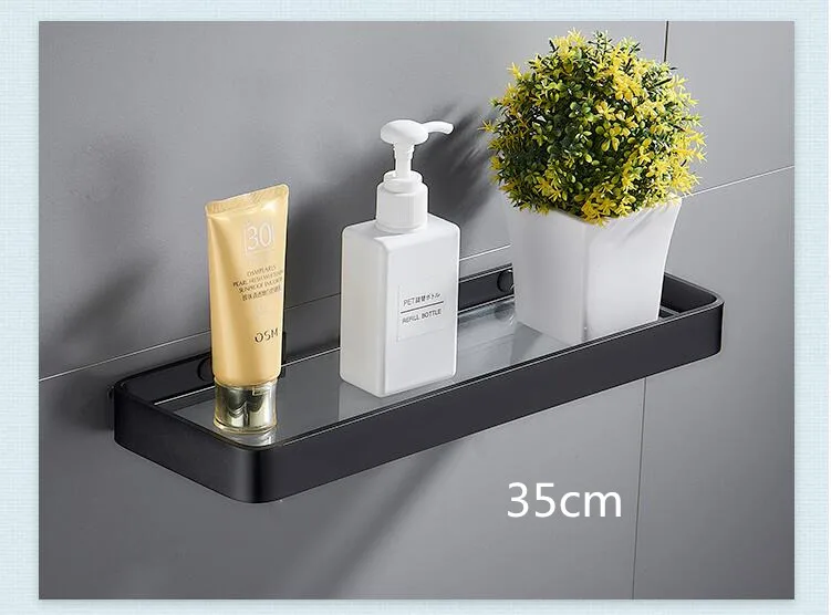 

2021Bathroom Shelf Bath Shower Shelf Nail Free Glass Shelf Satin Bathroom Corner shelf 25-50CM Aluminum Kitchen Storage holder