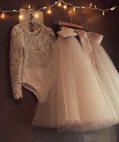 two pieces evening dress 2019 tutu tulle ribbon lace long sleeve prom dresses tea length modest formal dress robe de soiree
