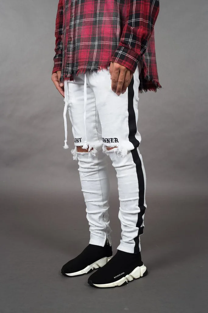 

Hot Sale Men White Skinny Jeans Casual Slim Fit Distress Damaged Baggy Denim Pants Side Stripe Man Rip Pencil Jeans Ankle Zipper