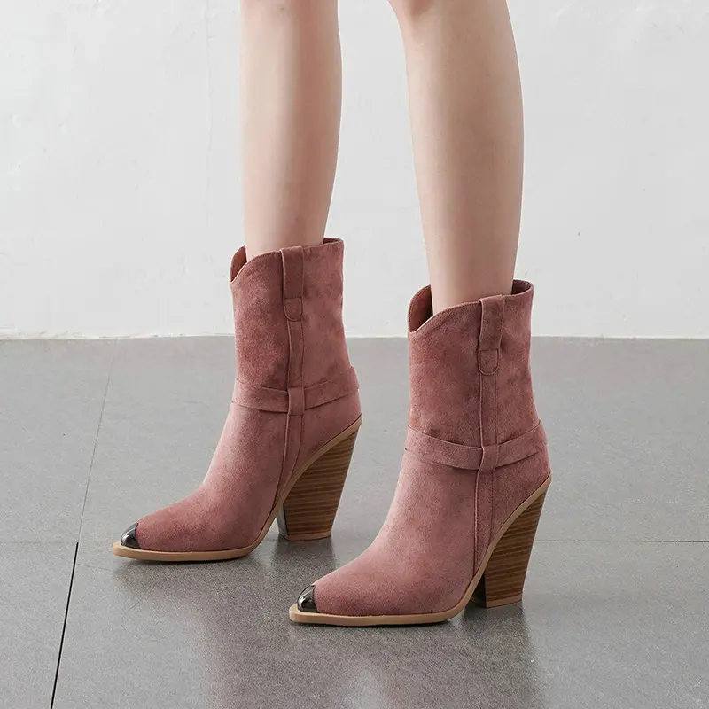 

Fashion Ankle Boots Women Boots Suede Pu Wedges High Heel Western Boots Pointed Toe Autumn Winter Female Shoes Black White