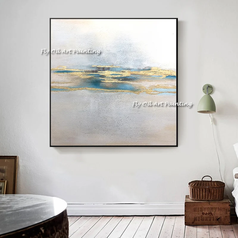 Золотистая синяя мраморная абстрактная картина ручной работы холст в