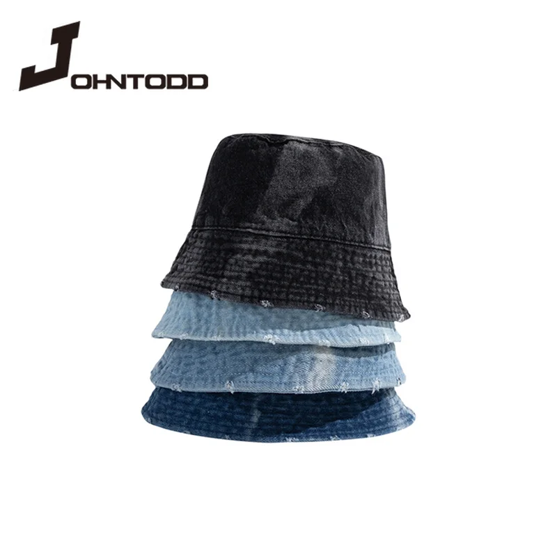 

2021 Summer Men and Women Japanese Washed Tie-dye Denim Bucket Hat Korean Fashion Shade Basin Hat Personality Fisherman Hats