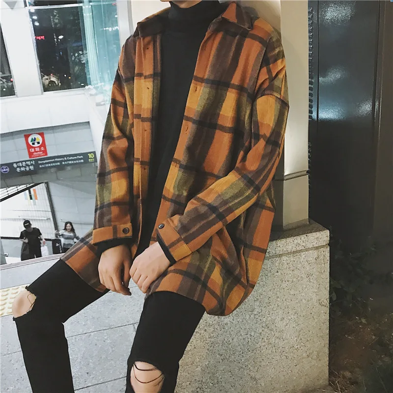 

Oversized Flannel Shirts Men Plaid Vintage Streetwear Hip Hop Loose Casual Long Sleeve Autumn Winter Brand Korean Shirts Men