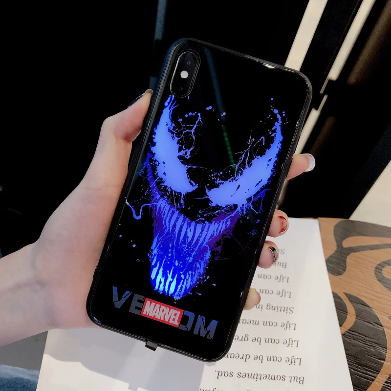 venom чехол из закаленного стекла для телефона для iPhone 6S 7 8PLUS XS MAX светодиодный роскошный стеклянный чехол для телефона