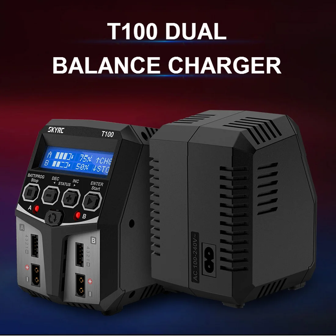 

SKYRC T100 Dual Balance Charger 5A 100W AC100-240V XT60 Plug Dual Channel Charger for RC Car Boat Helicopter Airplane Charger