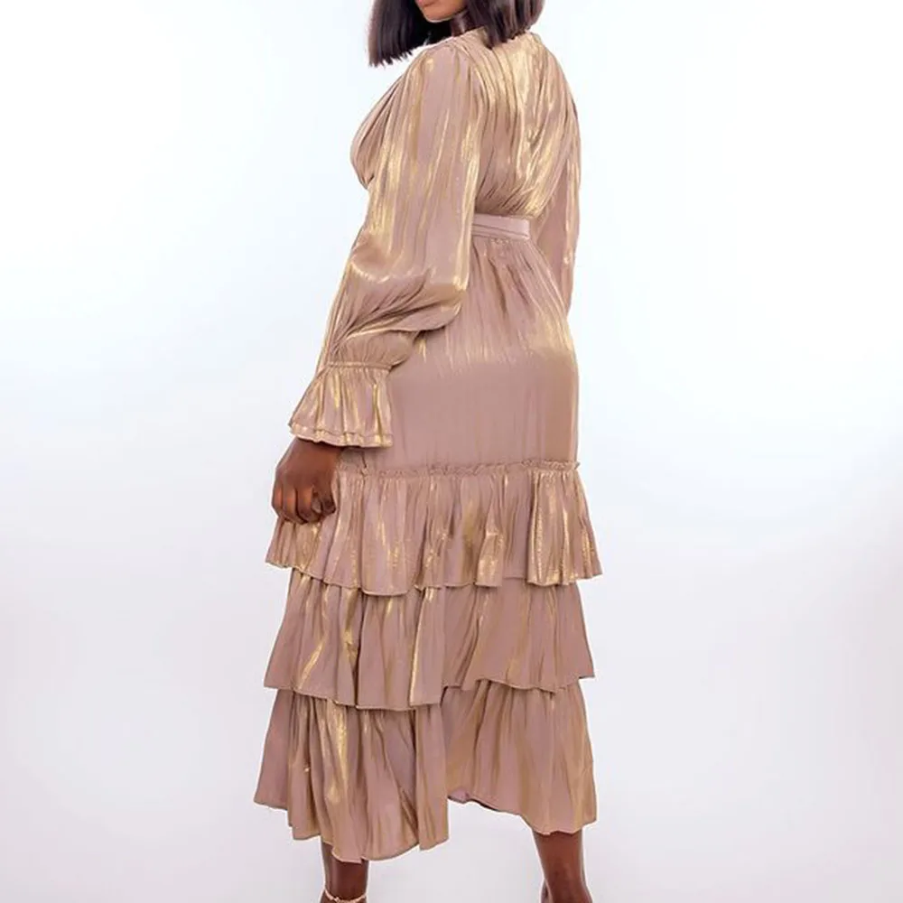 

Western Style Fashion Temperament High Waist Women's Dress Spring Summer 2021 V-neck Long Sleeve Cupcake Dress