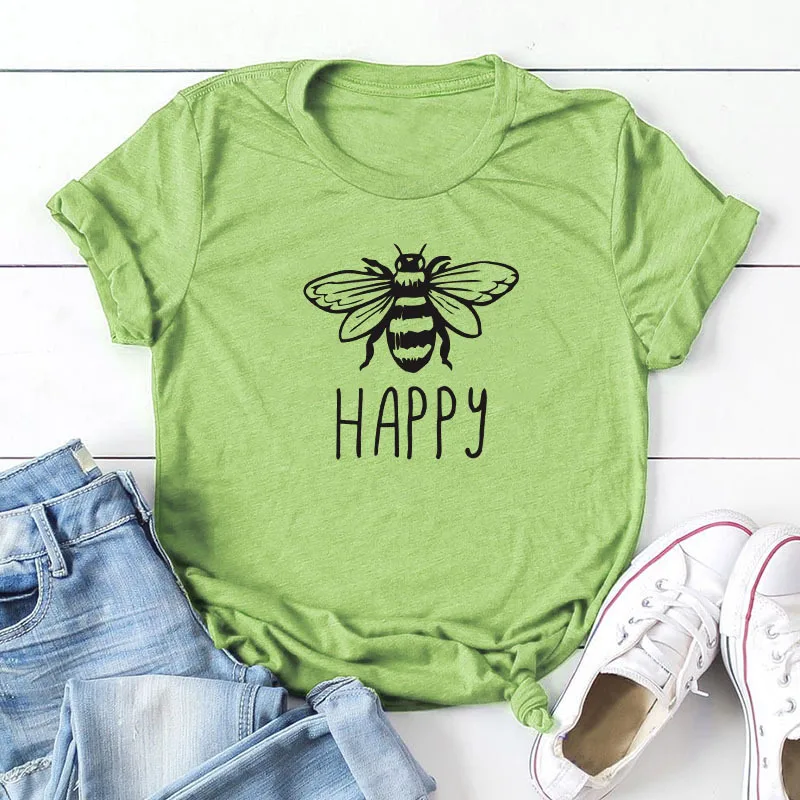 Camiseta de verano talla grande para mujer algodón con cuello redondo y estampado abeja camisetas manga c|Футболки| |