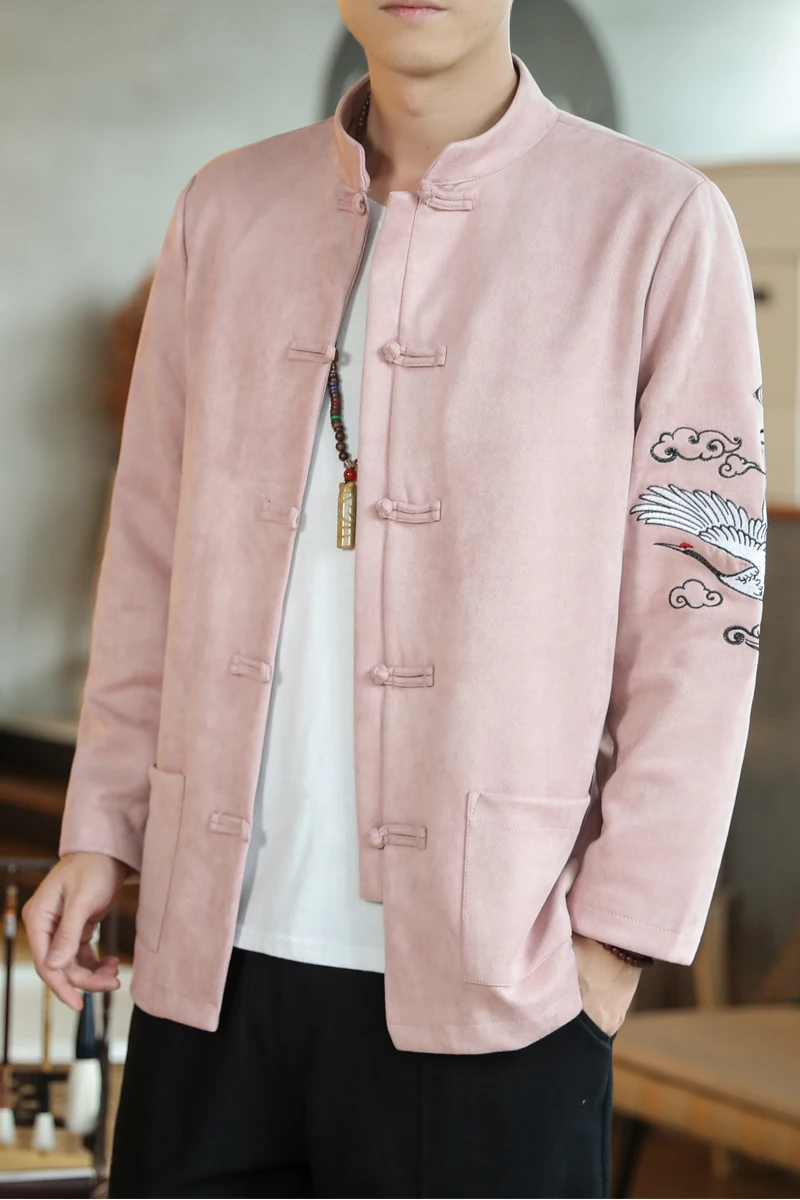 Мужская замшевая куртка с воротником-стойкой и пряжкой в китайском стиле |