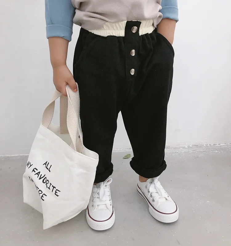 Черный Korean style boys cotton color matching casual pants kids 2 colors all-match trousers - Цвет: Черный