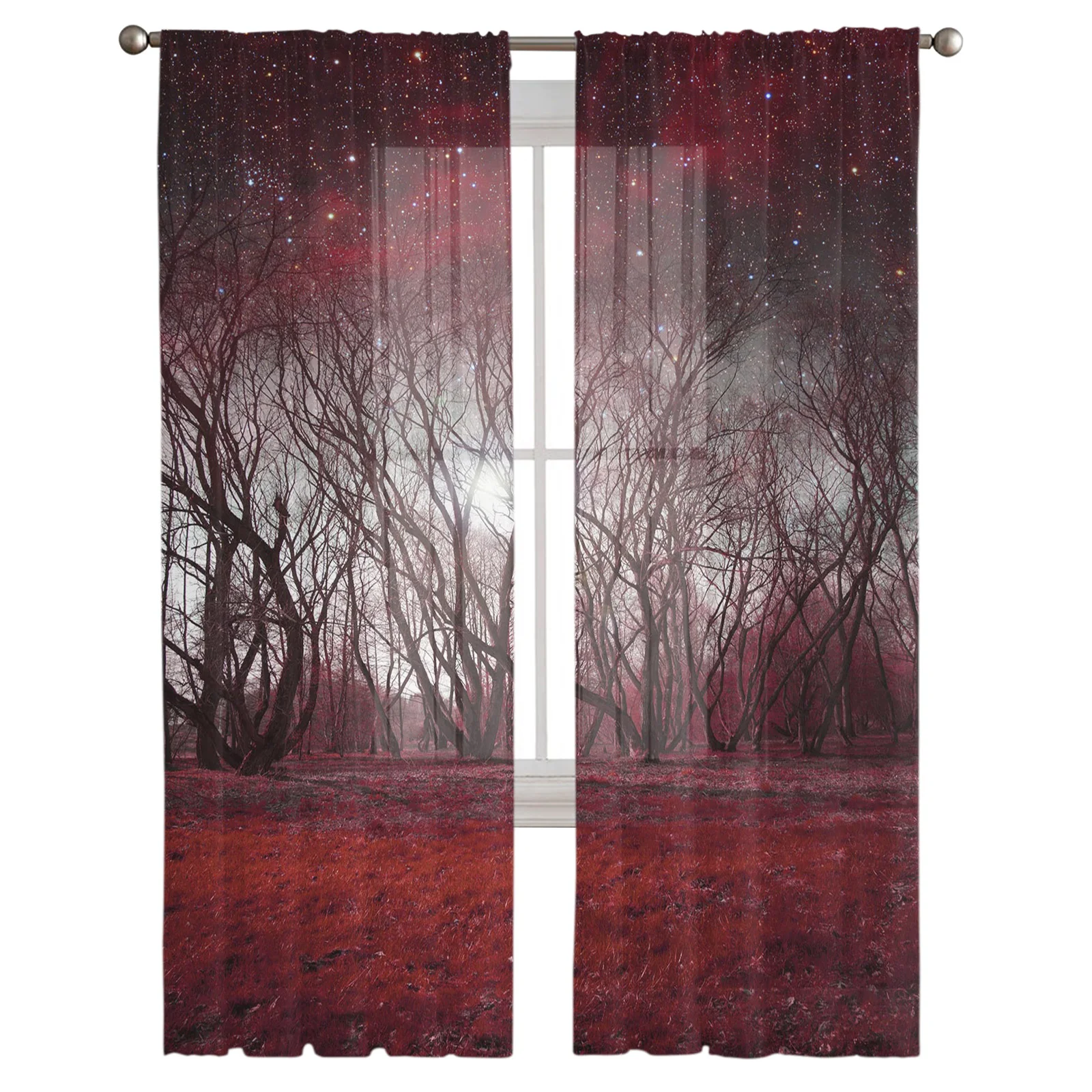 Тюлевые занавески с изображением красных деревьев звездного неба леса для