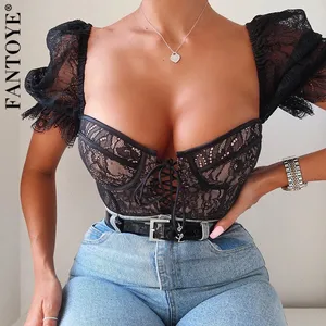 Женский кружевной топ FANTOYE, черный укороченный топ с открытой спиной и V-образным вырезом для вечеринок